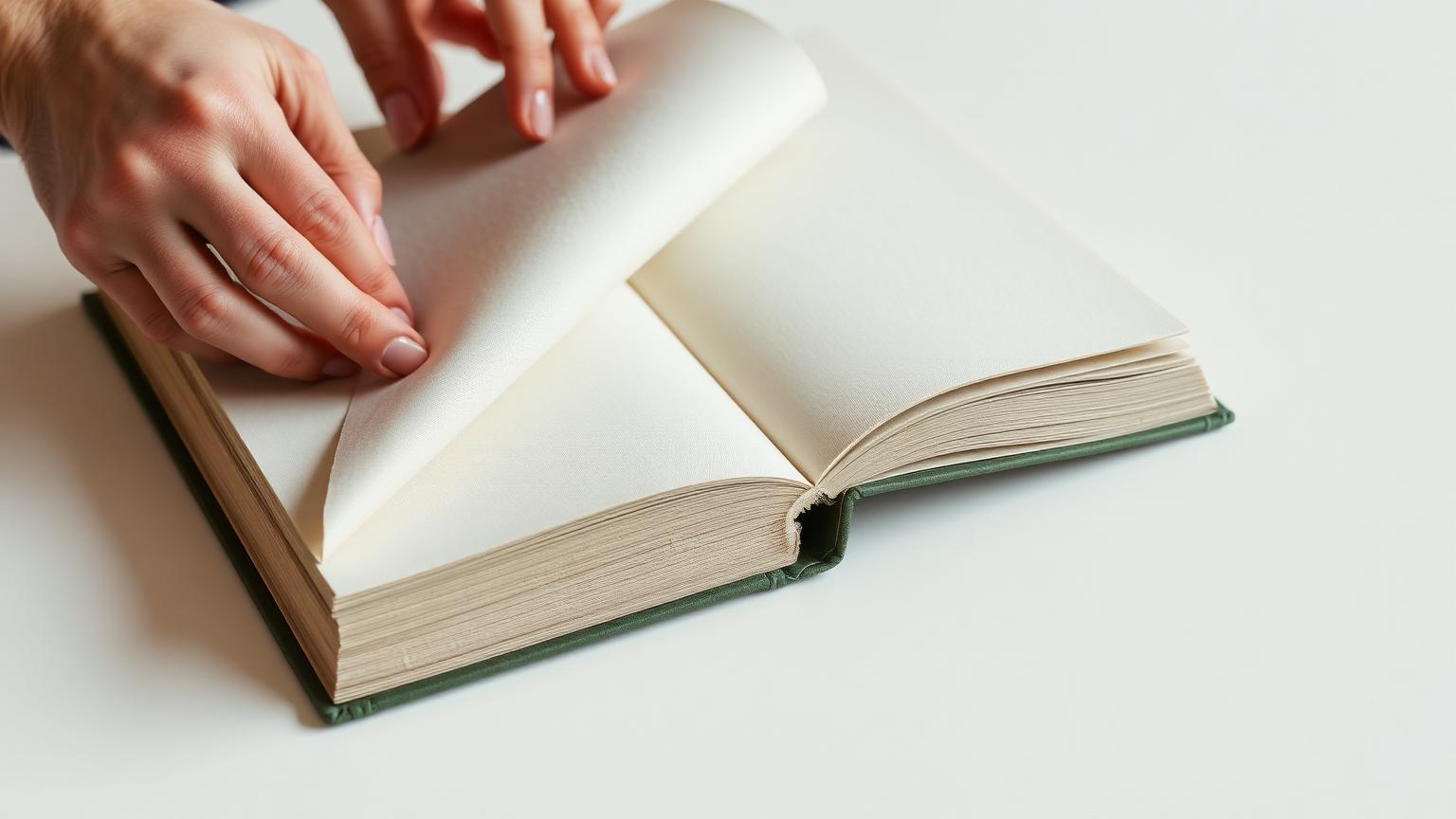 Mãos folheando com cuidado um livro de capa dura verde sobre superfície clara