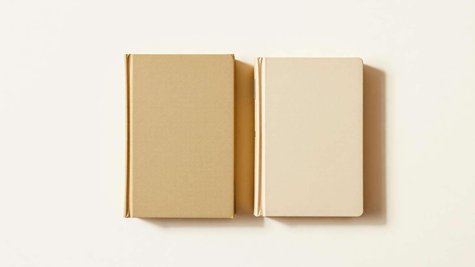 Dois livros de capa dura semelhantes lado a lado sobre fundo creme